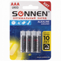 Батарейки КОМПЛЕКТ 4 шт., SONNEN Alkaline, AAA (LR03, 24А), алкалиновые, мизинчиковые, в блистере, 451088 Батарейки КОМПЛЕКТ 4 шт., SONNEN Alkaline, AAA (LR03, 24А), алкалиновые, мизинчиковые, в блистере, 451088
