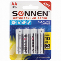 Батарейки КОМПЛЕКТ 4 шт., SONNEN Alkaline, АА (LR6, 15А), алкалиновые, пальчиковые, блистер, 451085 Батарейки КОМПЛЕКТ 4 шт., SONNEN Alkaline, АА (LR6, 15А), алкалиновые, пальчиковые, блистер, 451085