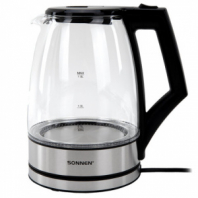 Чайник электрический SONNEN KT-1807, 1,8 л, 2200 Вт, термостойкое стекло, внутренняя подсветка синяя, нержавеющая сталь, 455140 Чайник электрический SONNEN KT-1807, 1,8 л, 2200 Вт, термостойкое стекло, внутренняя подсветка синяя, нержавеющая сталь, 455140
