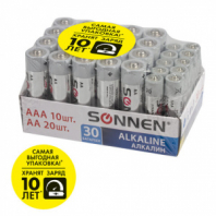 Батарейки КОМПЛЕКТ 30 (20+10) шт., SONNEN Alkaline, AA+ААА (LR6+LR03), в коробке, 455097 Батарейки КОМПЛЕКТ 30 (20+10) шт., SONNEN Alkaline, AA+ААА (LR6+LR03), в коробке, 455097