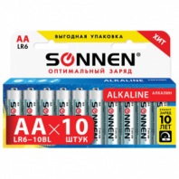 Батарейки КОМПЛЕКТ 10 шт., SONNEN Alkaline, АА (LR6, 15А), алкалиновые, пальчиковые, короб, 451086 Батарейки КОМПЛЕКТ 10 шт., SONNEN Alkaline, АА (LR6, 15А), алкалиновые, пальчиковые, короб, 451086