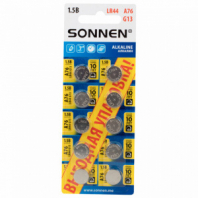 Батарейки алкалиновые "таблетка" КОМПЛЕКТ 10 шт., SONNEN Alkaline 76A (G13, LR44), в блистере, 457137 Батарейки алкалиновые "таблетка" КОМПЛЕКТ 10 шт., SONNEN Alkaline 76A (G13, LR44), в блистере, 457137
