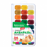 Краски акварельные BRAUBERG KIDS NEW, медовые, 24 цвета, квадратные кюветы, пластиковый пенал с европодвесом, 192797 Краски акварельные BRAUBERG KIDS NEW, медовые, 24 цвета, квадратные кюветы, пластиковый пенал с европодвесом, 192797