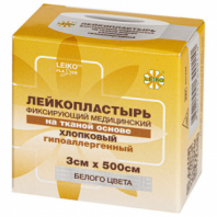 Лейкопластырь медицинский фиксирующий в рулоне 3х500 см, LEIKO, на тканевой основе, белого цвета, в картонной коробке, 531228