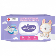 Салфетки влажные детские 64 шт., WATASHI, без спирта, 0+, с пластиковым клапаном, 12587 Салфетки влажные детские 64 шт., WATASHI, без спирта, 0+, с пластиковым клапаном, 12587