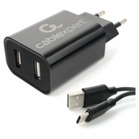 Зарядное устройство CABLEXPERT 12 Вт, 2.4 А, 2 х USB, кабель Type-C, 1 м, черный, коробка-блистер, MP3A-PC-37 Зарядное устройство CABLEXPERT 12 Вт, 2.4 А, 2 х USB, кабель Type-C, 1 м, черный, коробка-блистер, MP3A-PC-37