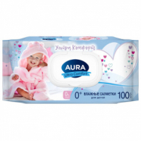 Салфетки влажные детские 100 шт., AURA Ultra Сomfort, гипоаллергенные, 0+, крышка клапан, 14588 Салфетки влажные детские 100 шт., AURA Ultra Сomfort, гипоаллергенные, 0+, крышка клапан, 14588