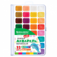 Краски акварельные BRAUBERG KIDS NEW, медовые, 32 цвета (24 базовых + 8 перламутр), квадратные кюветы, пластик. пенал с европодвесом, 192799 Краски акварельные BRAUBERG KIDS NEW, медовые, 32 цвета (24 базовых + 8 перламутр), квадратные кюветы, пластик. пенал с европодвесом, 192799