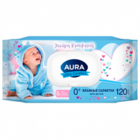 Салфетки влажные детские 120 шт., AURA Ultra Comfort с алоэ и витамином Е, 0+, крышка клапан, 14847 Салфетки влажные детские 120 шт., AURA Ultra Comfort с алоэ и витамином Е, 0+, крышка клапан, 14847