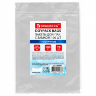 Пакеты дой-пак с замком ZIP LOCK, прозрачные, 140х200 + 40 мм, КОМПЛЕКТ 100 штук, 70 мкм, BRAUBERG, 700697 Пакеты дой-пак с замком ZIP LOCK, прозрачные, 140х200 + 40 мм, КОМПЛЕКТ 100 штук, 70 мкм, BRAUBERG, 700697