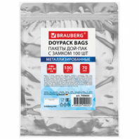 Пакеты дой-пак с замком ZIP LOCK, металлизированная + прозрачная стенка, 140х200 + 40 мм, КОМПЛЕКТ 100 штук, 70 мкм, BRAUBERG, 700684 Пакеты дой-пак с замком ZIP LOCK, металлизированная + прозрачная стенка, 140х200 + 40 мм, КОМПЛЕКТ 100 штук, 70 мкм, BRAUBERG, 700684