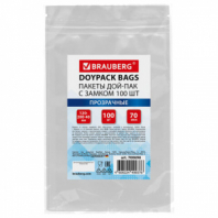 Пакеты дой-пак с замком ZIP LOCK, прозрачные, 120х200 + 40 мм, КОМПЛЕКТ 100 штук, 70 мкм, BRAUBERG, 700696 Пакеты дой-пак с замком ZIP LOCK, прозрачные, 120х200 + 40 мм, КОМПЛЕКТ 100 штук, 70 мкм, BRAUBERG, 700696