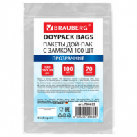 Пакеты дой-пак с замком ZIP LOCK, прозрачные, 100х150 + 30 мм, КОМПЛЕКТ 100 штук, 70 мкм, BRAUBERG, 700695 Пакеты дой-пак с замком ZIP LOCK, прозрачные, 100х150 + 30 мм, КОМПЛЕКТ 100 штук, 70 мкм, BRAUBERG, 700695