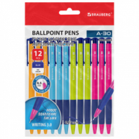 Ручки шариковые автоматические BRAUBERG A-30 COLOR MIX "WRITING 3.0", КОМПЛЕКТ 12 ШТ., СИНИЕ, узел 0,5 мм, линия 0,25 мм, 144342 Ручки шариковые автоматические BRAUBERG A-30 COLOR MIX "WRITING 3.0", КОМПЛЕКТ 12 ШТ., СИНИЕ, узел 0,5 мм, линия 0,25 мм, 144342