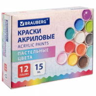 Краски акриловые ПАСТЕЛЬНЫЕ для рисования и творчества 12 цветов по 15 мл, BRAUBERG, 192694