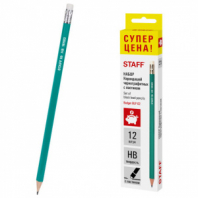 Карандаши чернографитные HB, НАБОР 12 штук STAFF "Budget BLP-02", с ластиком, 181923 Карандаши чернографитные HB, НАБОР 12 штук STAFF "Budget BLP-02", с ластиком, 181923