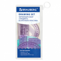 Набор чертежный BRAUBERG (линейка 15 см, треугольник, транспортир), фиолетовый, блестки, прозрачный, пенал, 210891 Набор чертежный BRAUBERG (линейка 15 см, треугольник, транспортир), фиолетовый, блестки, прозрачный, пенал, 210891