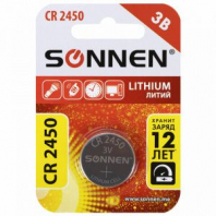 Батарейка литиевая SONNEN Lithium CR2450 "таблетка, дисковая, кнопочная" 1 шт., блистер, 455601 Батарейка литиевая SONNEN Lithium CR2450 "таблетка, дисковая, кнопочная" 1 шт., блистер, 455601