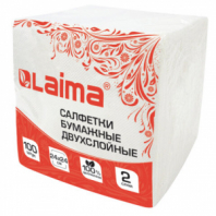 Салфетки бумажные 100 штук, 2-слойные, 24х24 см, LAIMA, белые, 100% целлюлоза, 118715